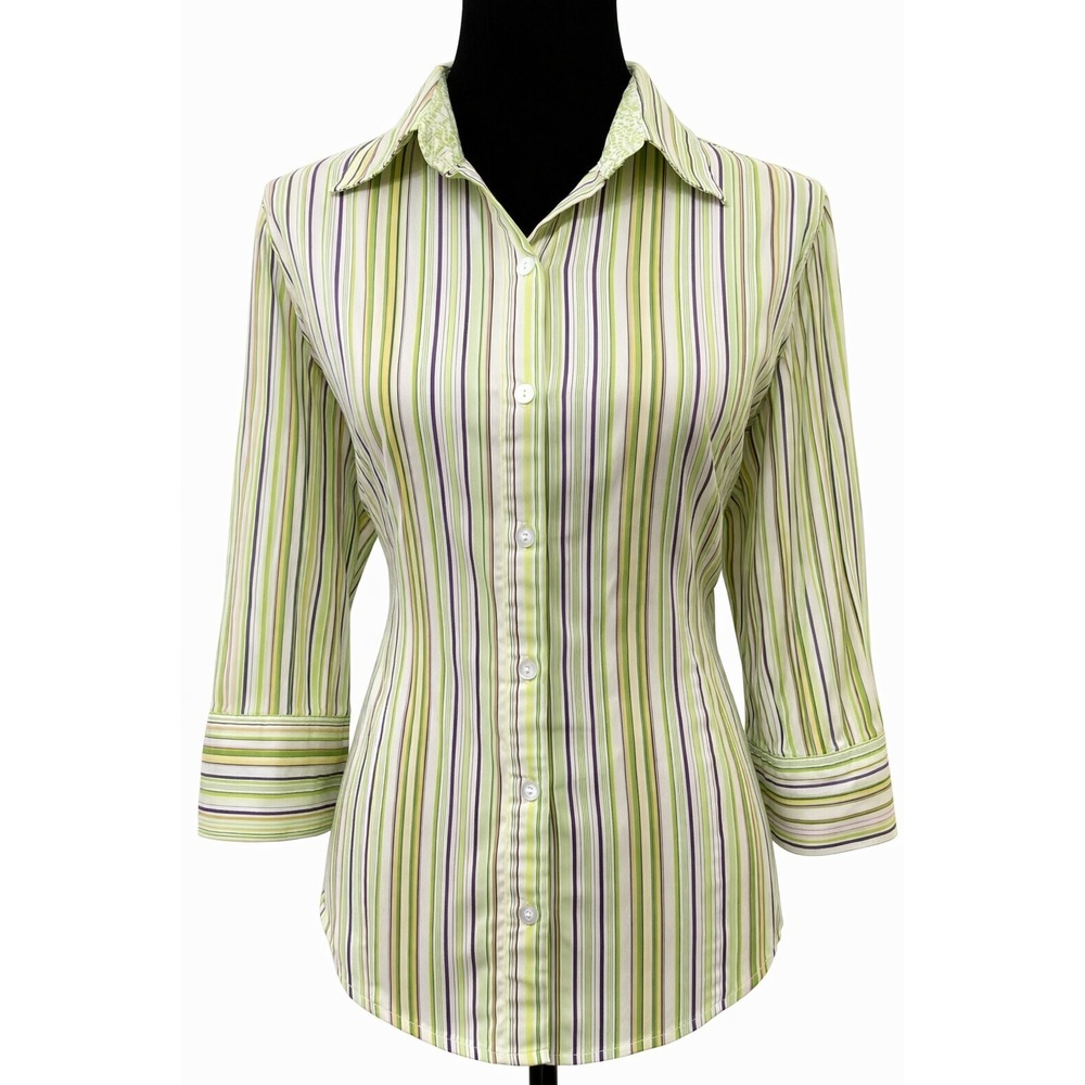 Chico's Womens Button Down Collared Blouse Size 2 Green Stripe Cotton Stretch